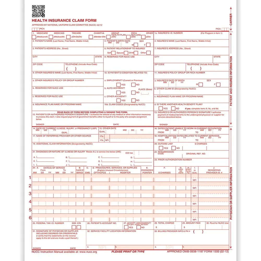 Medical Forms*TFP ComplyRight CMS-1500 Health Insurance Claim Forms (02/12), 8-1/2" x 11", Pack of 500 (CMS12LC500)
