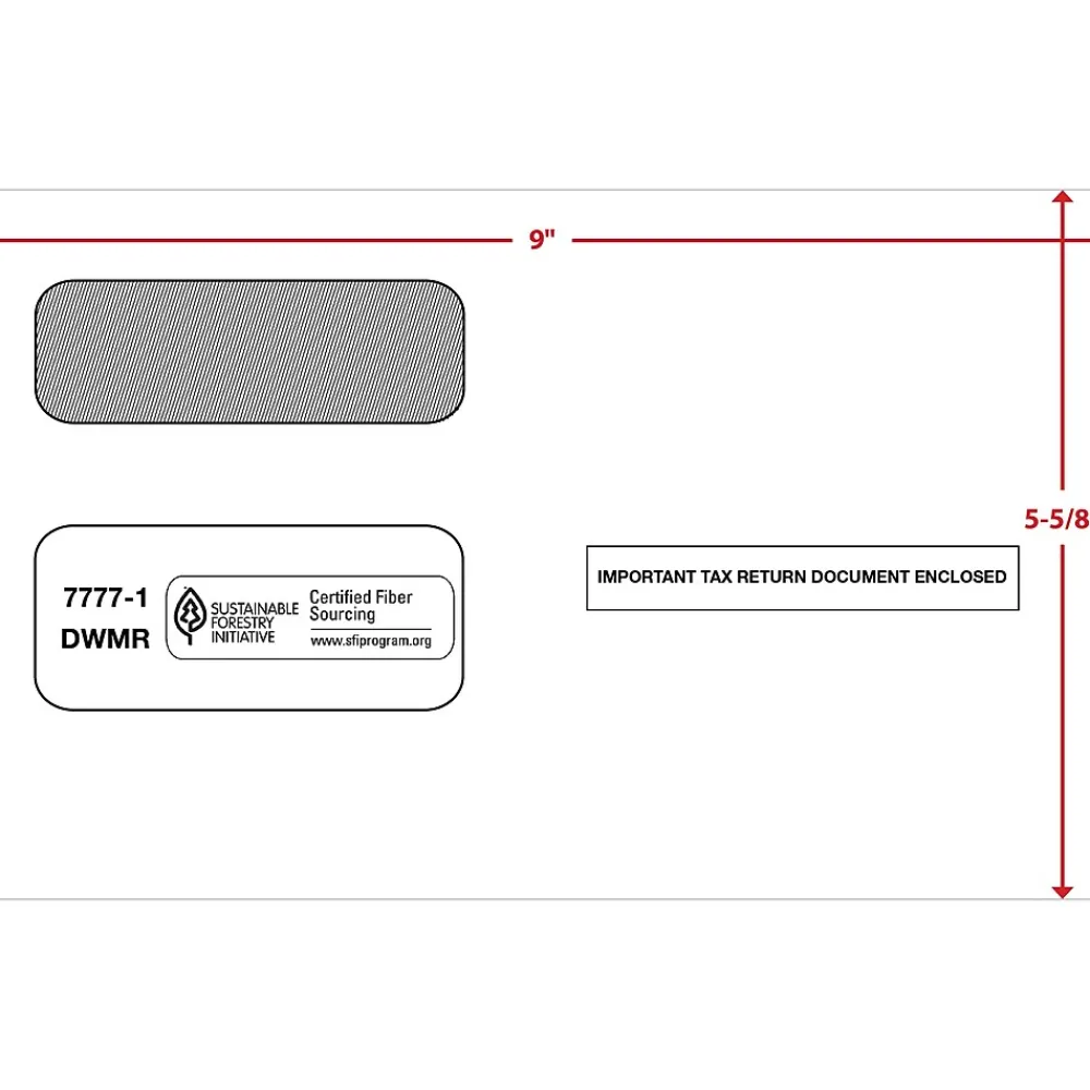 Clearance ComplyRight Moistenable Glue Security Tinted Double Window Tax Envelopes, 5 5/8" x 9", 50/Pack (1095CENV50)