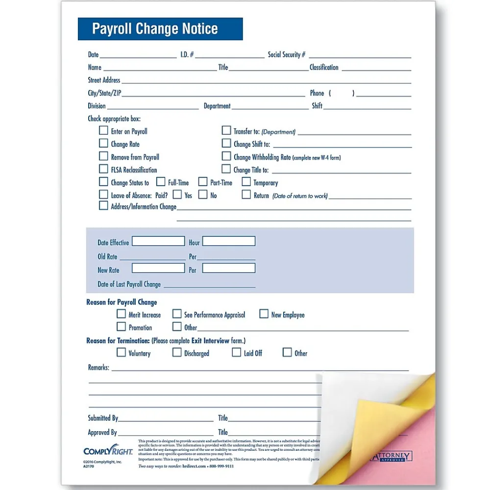 Hr Forms*ComplyRight Payroll Change Notice, 3-Part, Pack of 50 (A2170)