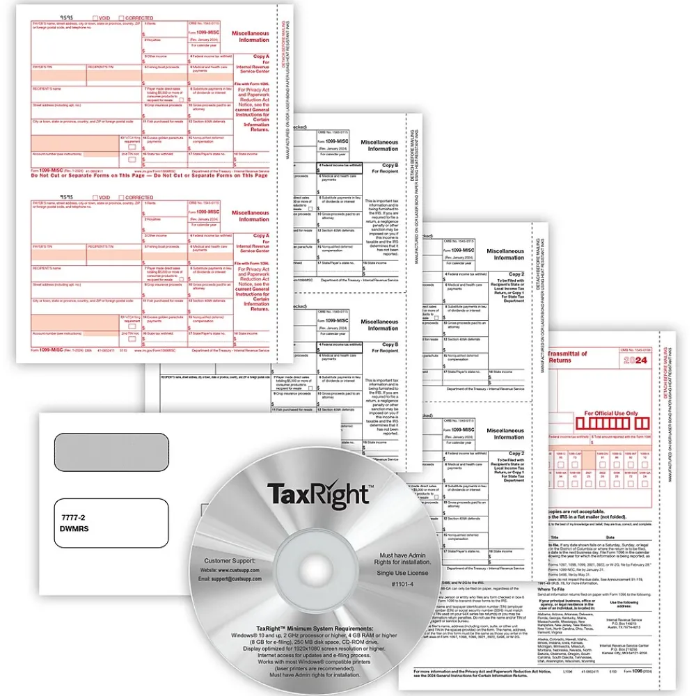 Tax Forms*ComplyRight TaxRight 2024 1099-MISC Tax Form Tax Forms, Envelopes, TipSheet & Software, 4-Part, 10/Pack (SC6103ES10)