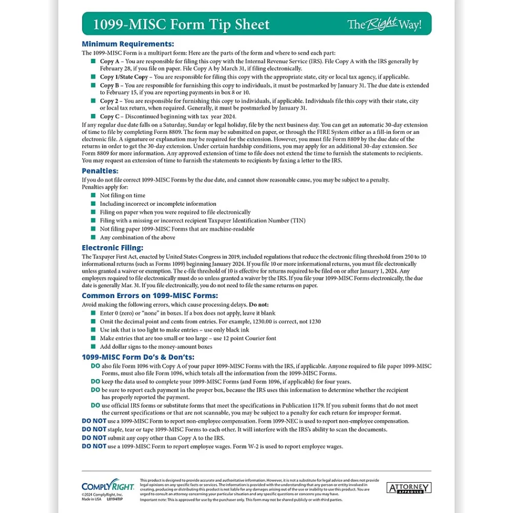 Tax Forms*ComplyRight TaxRight 2024 1099-MISC Tax Form Tax Forms, Envelopes, TipSheet & Software, 4-Part, 10/Pack (SC6103ES10)