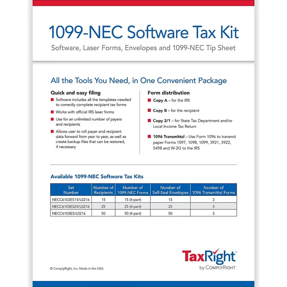 Tax Forms*ComplyRight TaxRight 2024 1099-NEC Tax Form Tax Forms, Envelopes, TipSheet & Software, 4-Part, 15/Pack (NECSC6103ES15)