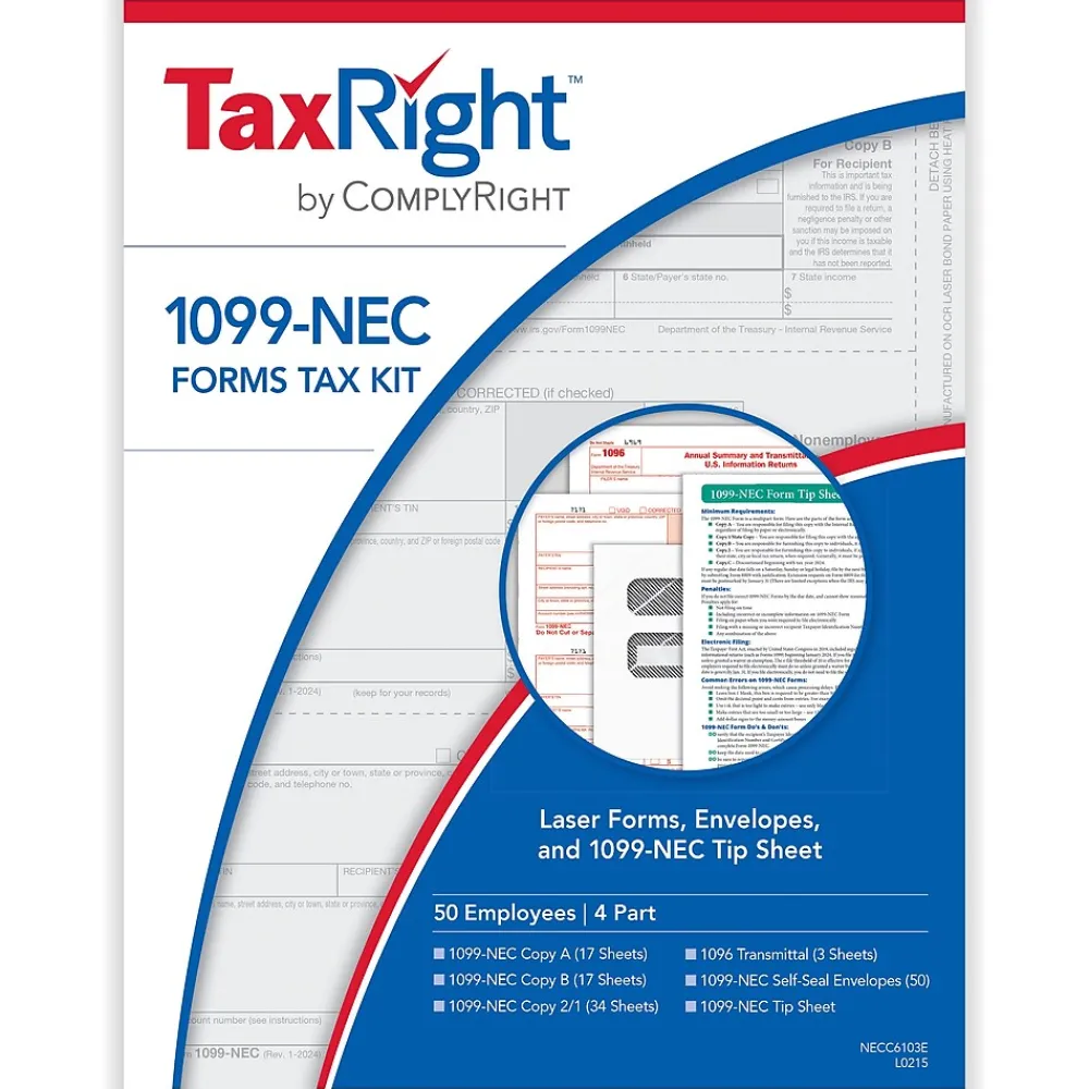 Tax Forms*ComplyRight TaxRight 2024 1099-NEC Tax Form Tax Forms, Envelopes & TipSheet, 4-Part, 50/Pack (NECSC6103E)