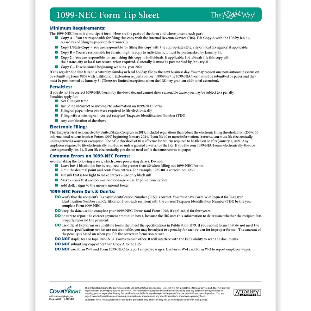 Tax Forms*ComplyRight TaxRight 2024 1099-NEC Tax Form Tax Forms, Envelopes & TipSheet, 4-Part, 50/Pack (NECSC6103E)