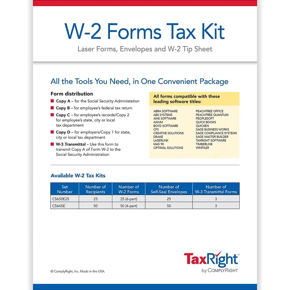 Tax Forms*ComplyRight TaxRight 2024 W-2 Tax Form Tax Form Set with Envelopes, 6-Part, 25/Pack (SC5650E25)