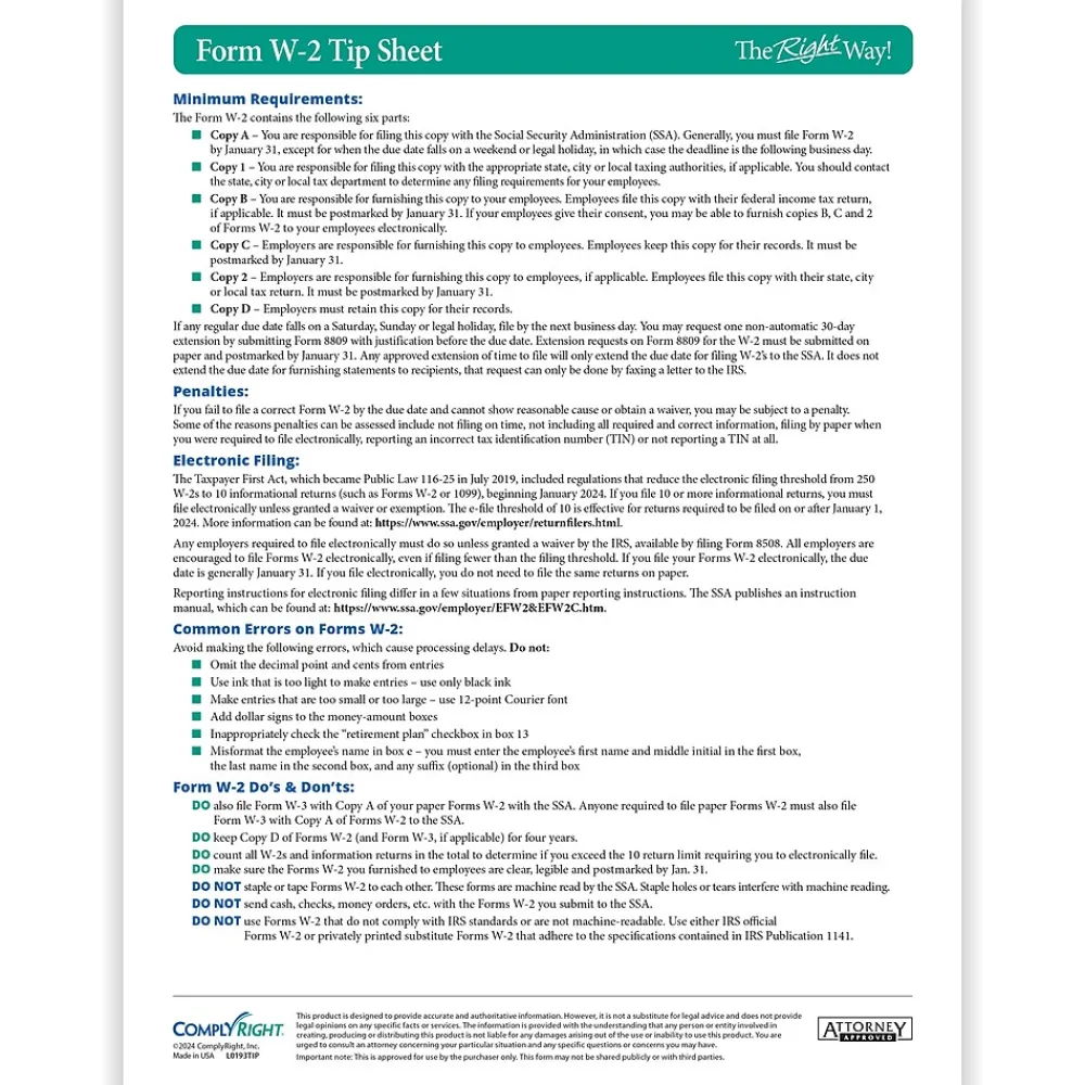 Tax Forms*ComplyRight TaxRight 2024 W-2 Tax Form Tax Form Set with Envelopes, 6-Part, 25/Pack (SC5650E25)