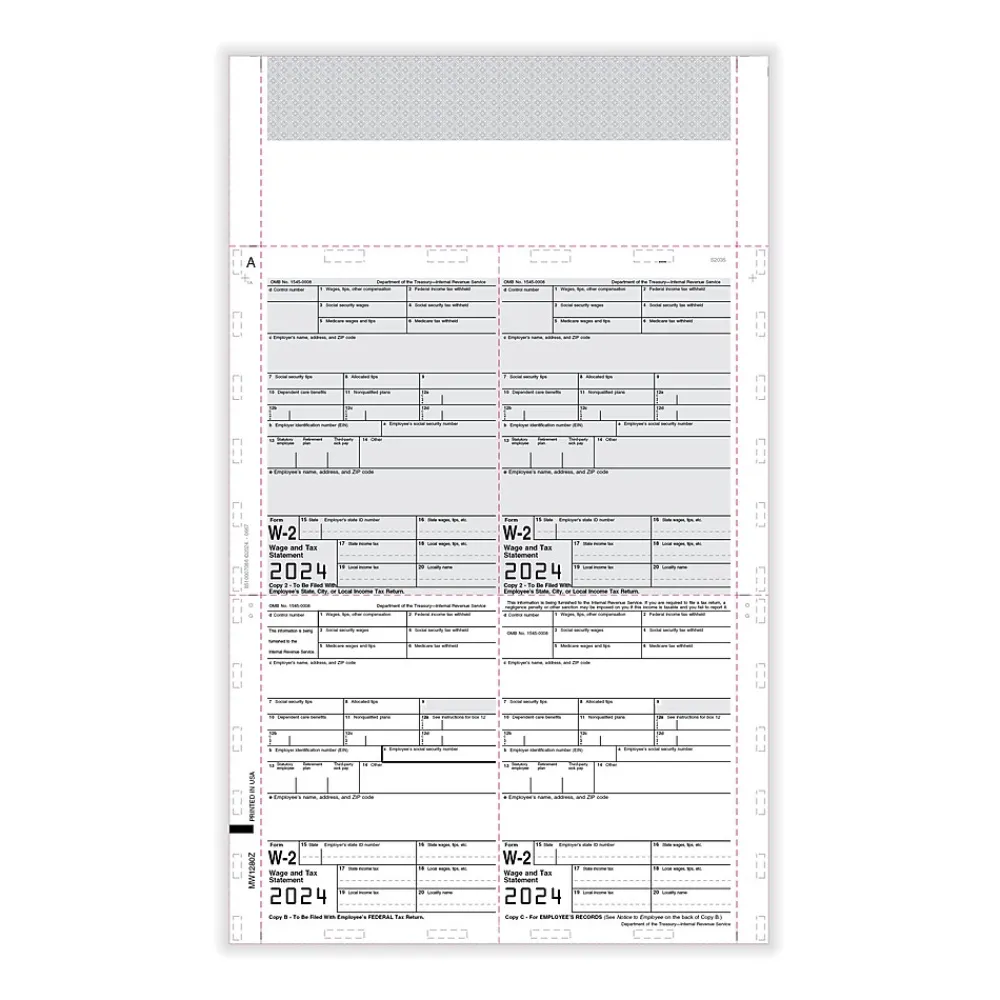 Tax Forms*ComplyRight W-2 Tax Form. Pressure Seal, 4-Up, Box Format, Copies B,C,2,2, EZ-Fold Duplex, 14", 500/Pack (PS1280Z)