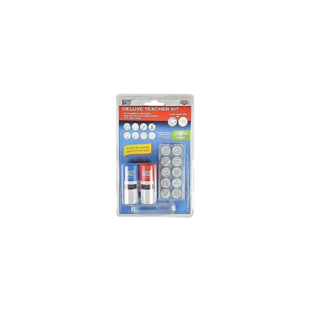 Stamps & Stamp Pads|Consolidated Stamp 2000 Plus Self-Inking Deluxe Teachers Stamp Kit, 10 Changeable 5/8" Dia. Messages, Red/Blue Stamps (063614)