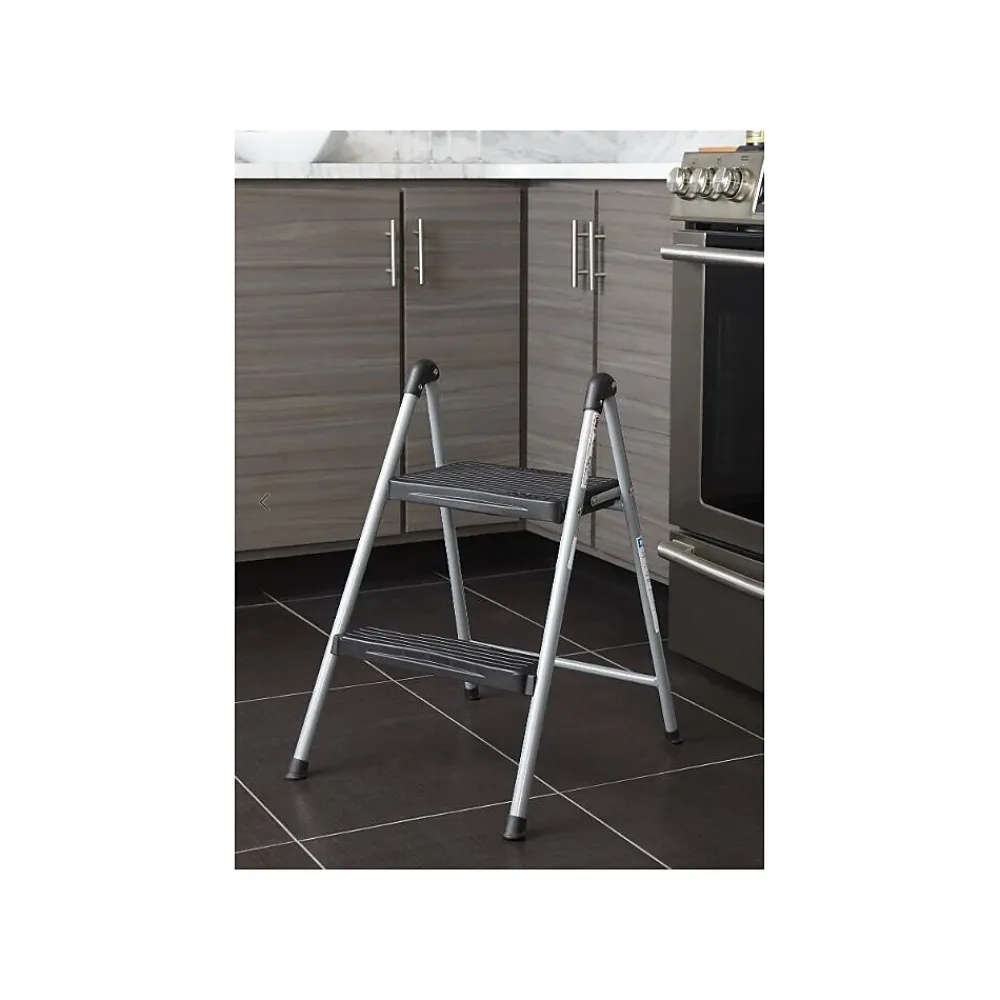 Cosco Folding Step Stool, 2-Step, 200 lb Capacity, 16.9" Working Height, Platinum/Black (11024PBL1E)