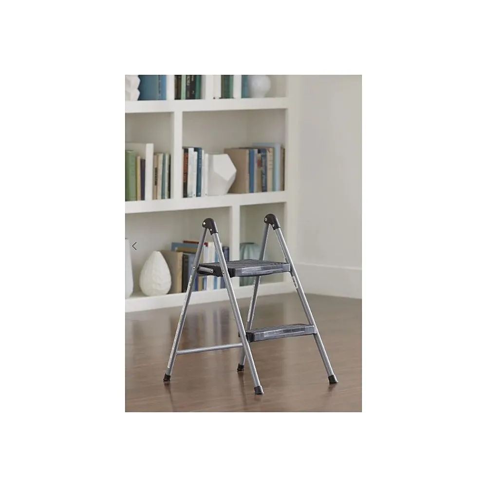 Cosco Folding Step Stool, 2-Step, 200 lb Capacity, 16.9" Working Height, Platinum/Black (11024PBL1E)