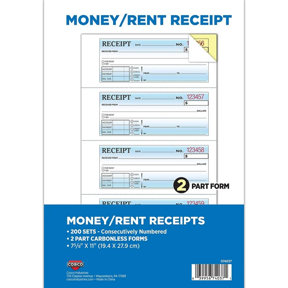 Business Forms*Cosco 2-Part Carbonless Receipts, 7.63" x 11", 200 Sets/Book (074037PK2)