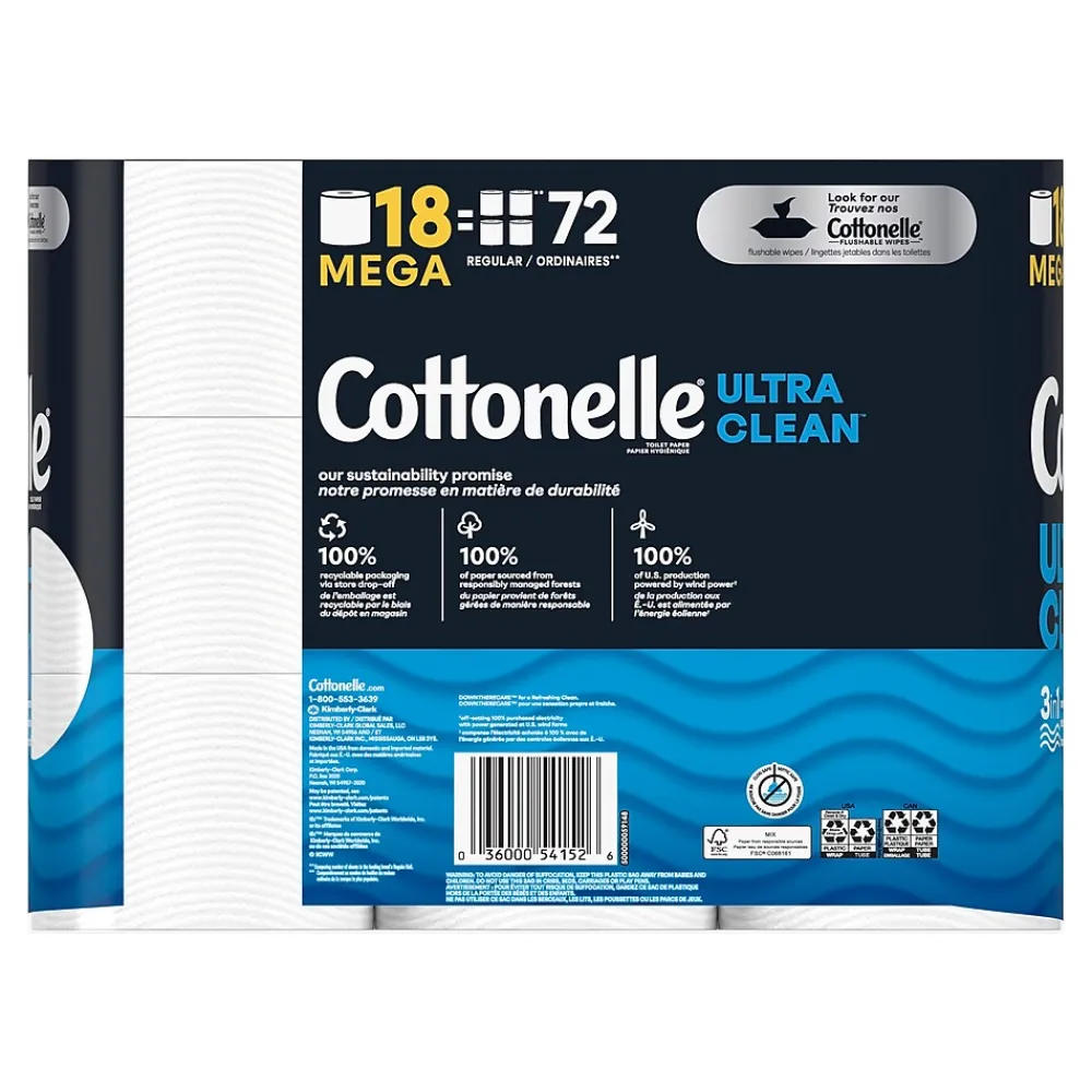 Ultra Clean Toilet Paper, 1-Ply, White, 312 Sheets/Roll, 18 Rolls/Pack (54152)<Cottonelle New