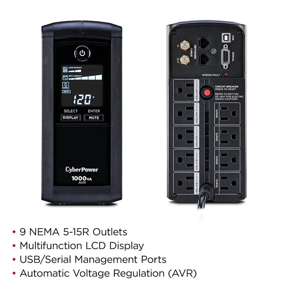 CyberPower Intelligent 1000VA UPS Battery Backup and Surge Protector, 9-Outlets, Black (CP1000AVRLCD)