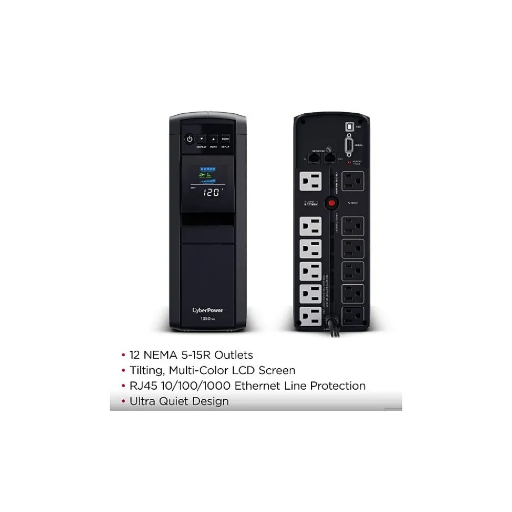 CyberPower PFC Sinewave Series 1350VA UPS, 10-Outlets, Black (CP1350PFCLCD)