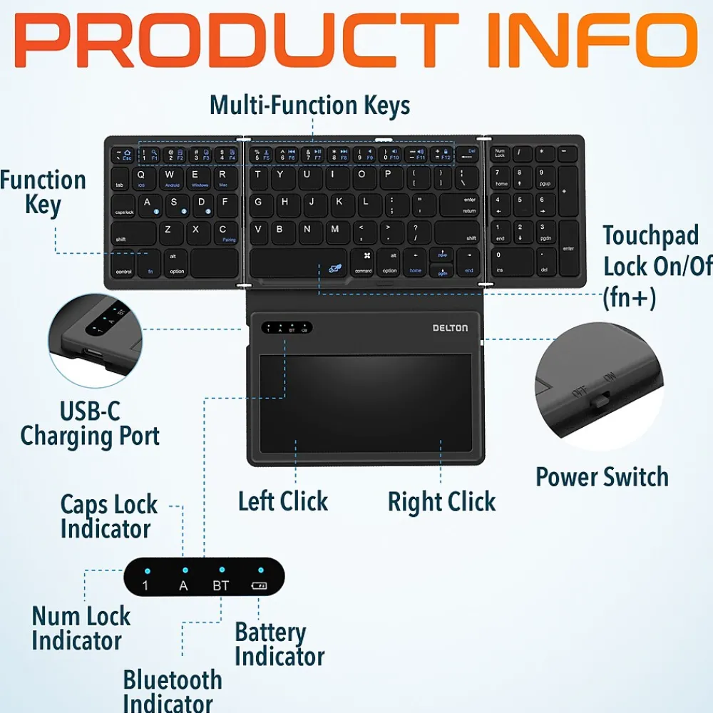 New Delton F92 Foldable Portable Wireless Keyboard with Touchpad, Black (DKBF92)