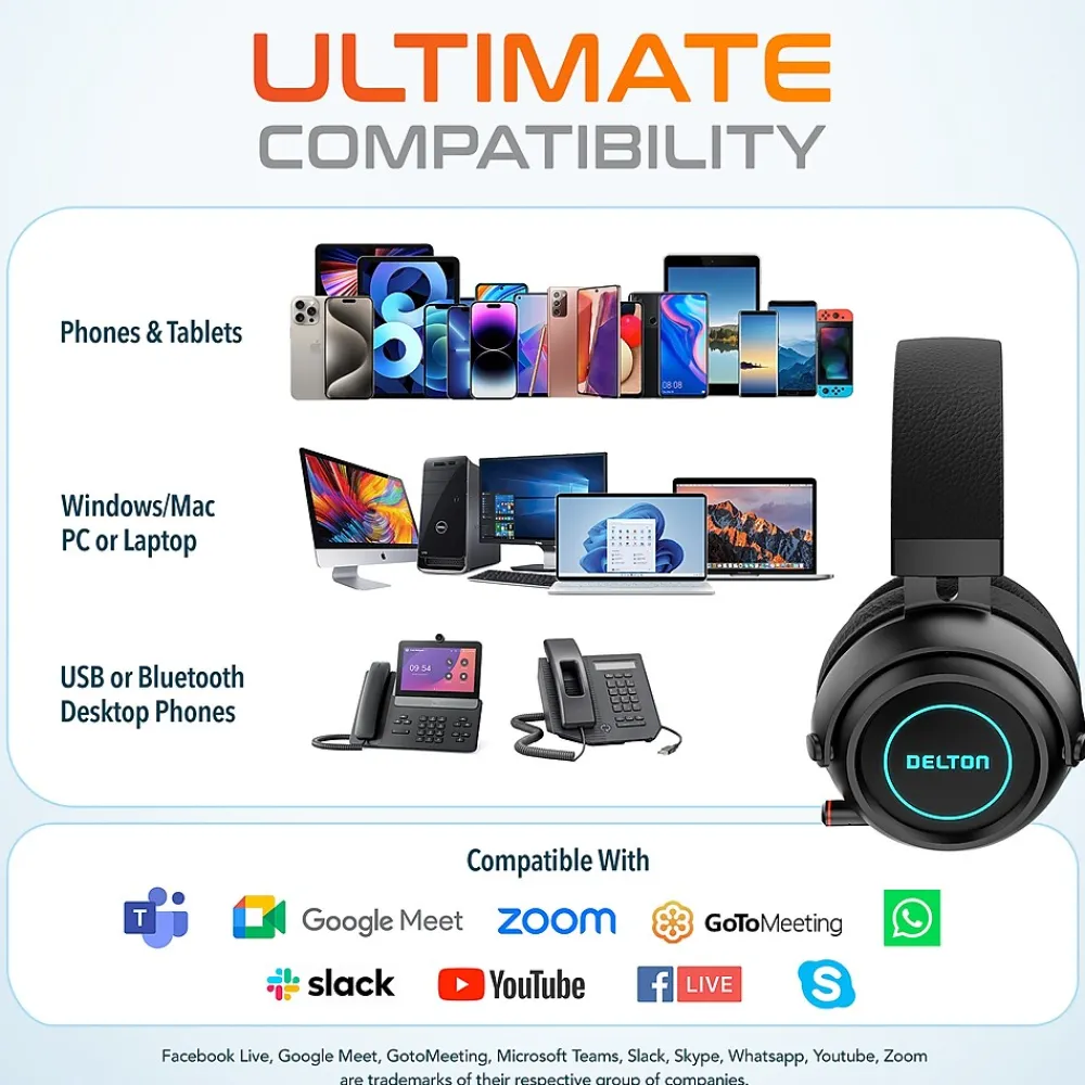Hot Delton G520 Wireless Noise Canceling Bluetooth Stereo Business/Gaming Over-the-Ear Computer Headset, Black (DBHG520)