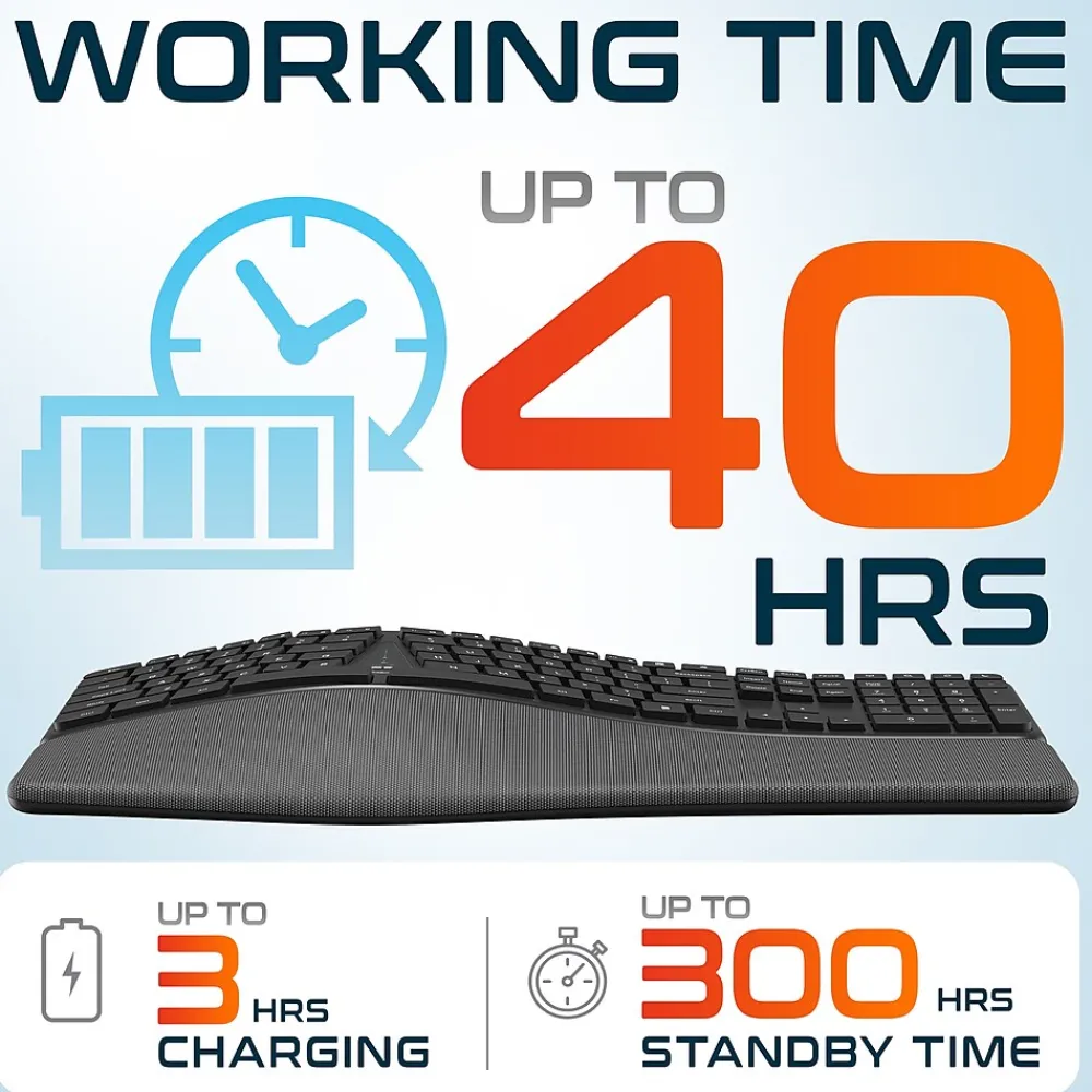 Clearance Delton KB250 Ergonomic Wireless Curved Keyboard with Cushioned Wrist Rest, Black (DKBE250-WR)