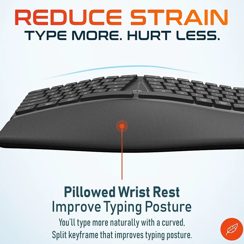 Clearance Delton KB250 Ergonomic Wireless Curved Keyboard with Cushioned Wrist Rest, Black (DKBE250-WR)