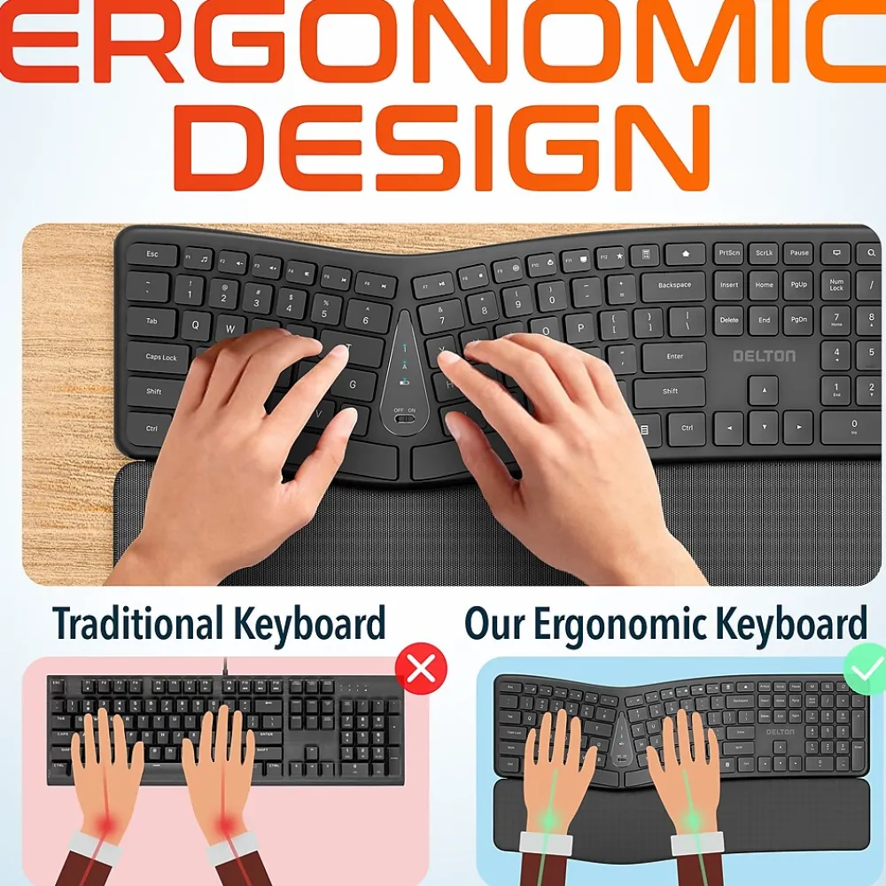 Best Delton KB250 Wireless Ergonomic Keyboard, Black (DKBE250-WB)