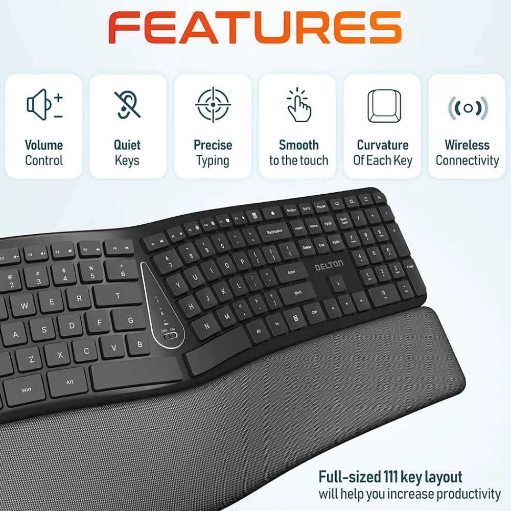 Best Delton KB250 Wireless Ergonomic Keyboard, Black (DKBE250-WB)