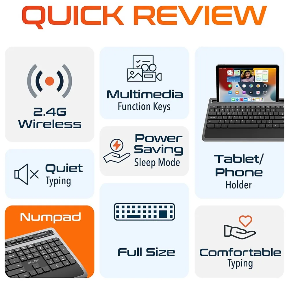 Sale Delton T42 Wireless Ergonomic Computer Keyboard with Tablet Holder, Black (DKBT42-WB)