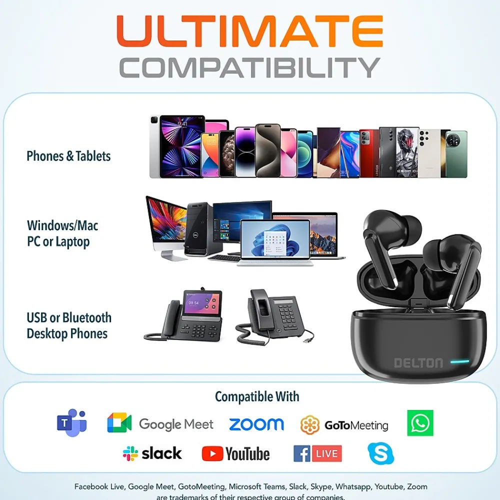 Online Delton T70 Wireless Noise Canceling Bluetooth Computer Earbuds, Black (DBHT70)