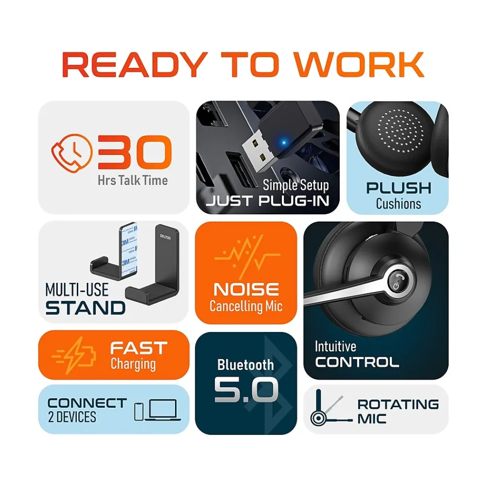 Hot Delton 30X Wireless Noise Canceling Bluetooth Stereo Headset with Auto-Pair USB Dongle and Headset Hook (DBTHEAD30XBTDLHSAS1)