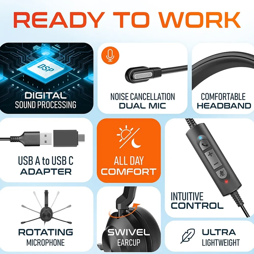 New Delton 30Y MS Teams Noise-Canceling On-Ear Mono Computer Headset, USB Type-A & Type-C, Black (DWH30Y)