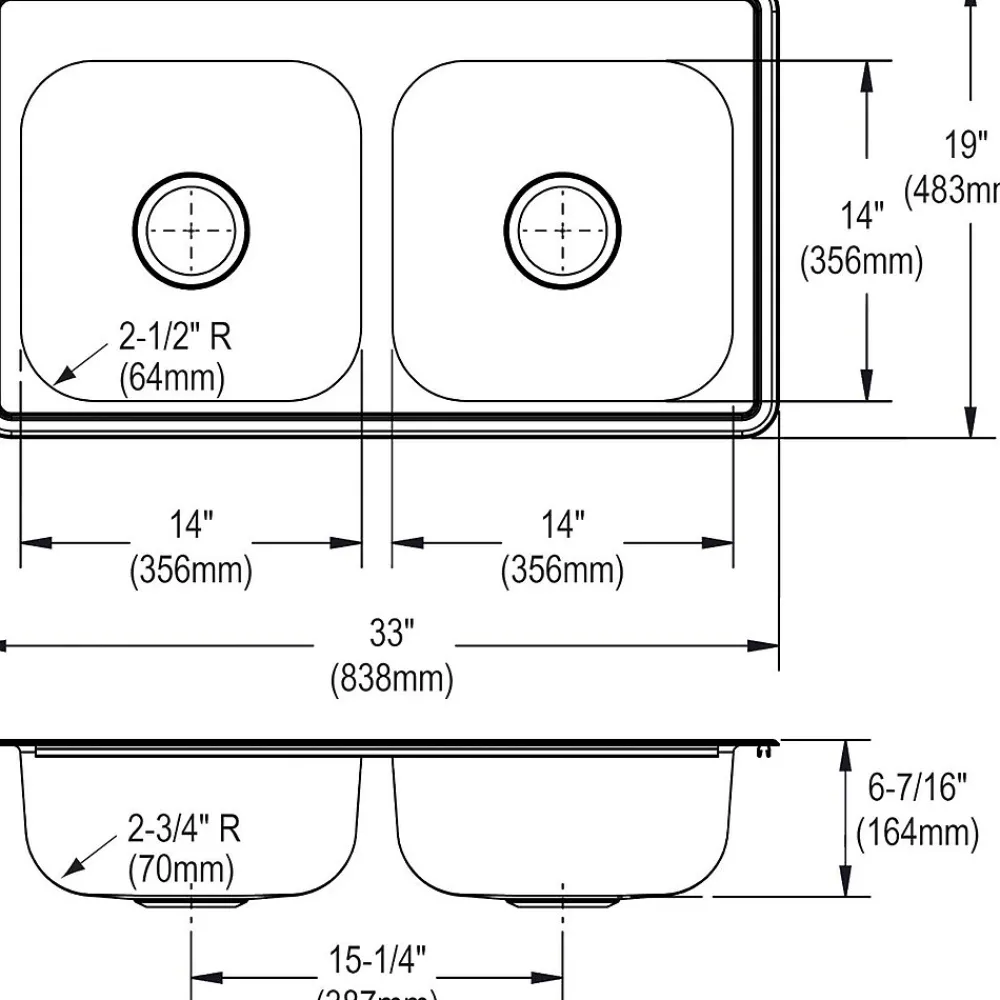 Elkay Dayton Stainless Steel 33" x 19" x 6-7/16", Equal Double Bowl Top Mount Sink (D233193)