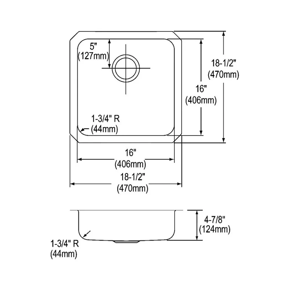 Elkay Lustertone Classic Single-Bowl Undermount Sink, 4.88" x 18.5" x 18.5", Stainless Steel, Lustrous Satin (ELUHAD161650)