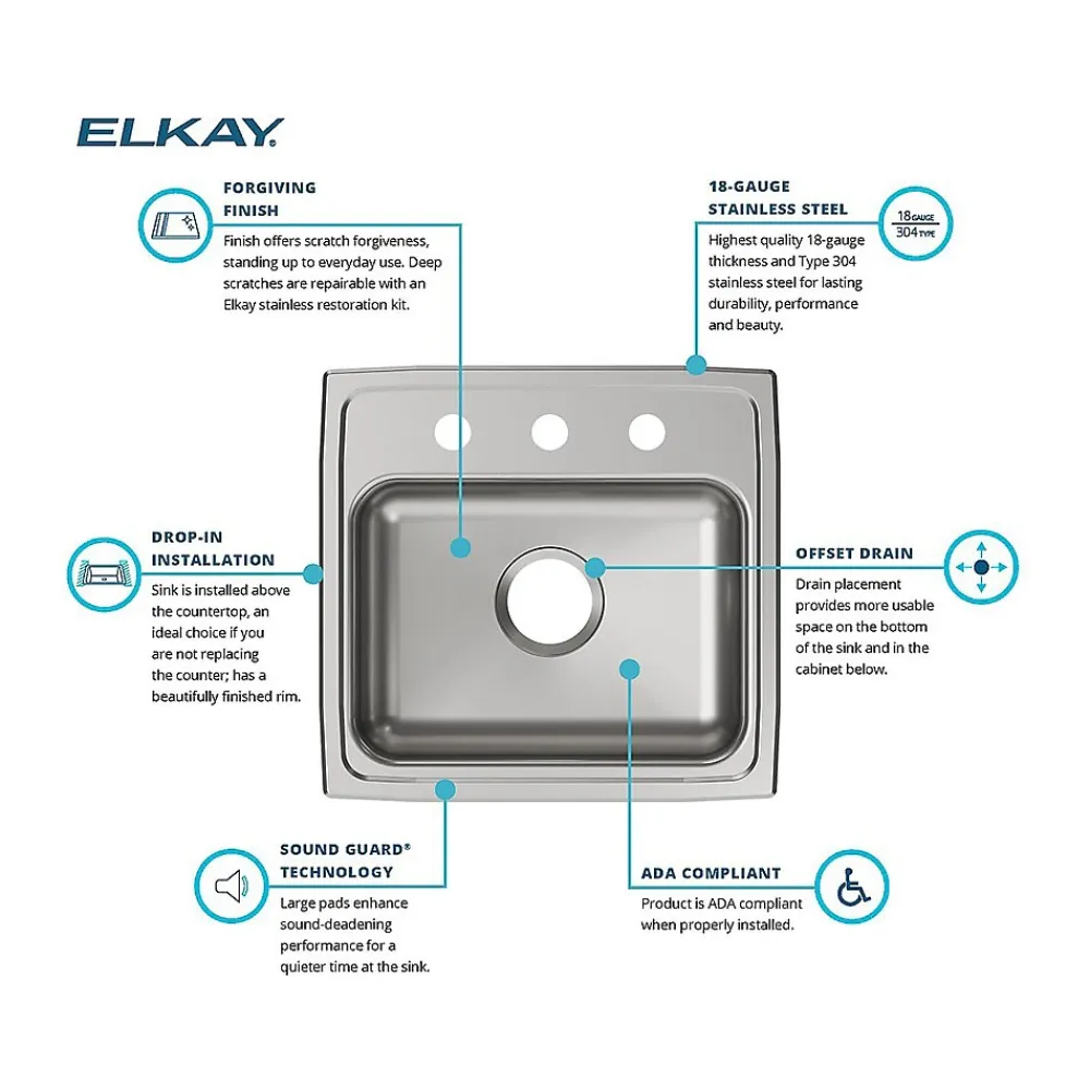Elkay Lustertone Classic 3-Hole Single-Bowl Drop In Sink, 5.5" x 19" x 18", Stainless Steel, Lustrous Satin (LRAD1918553)