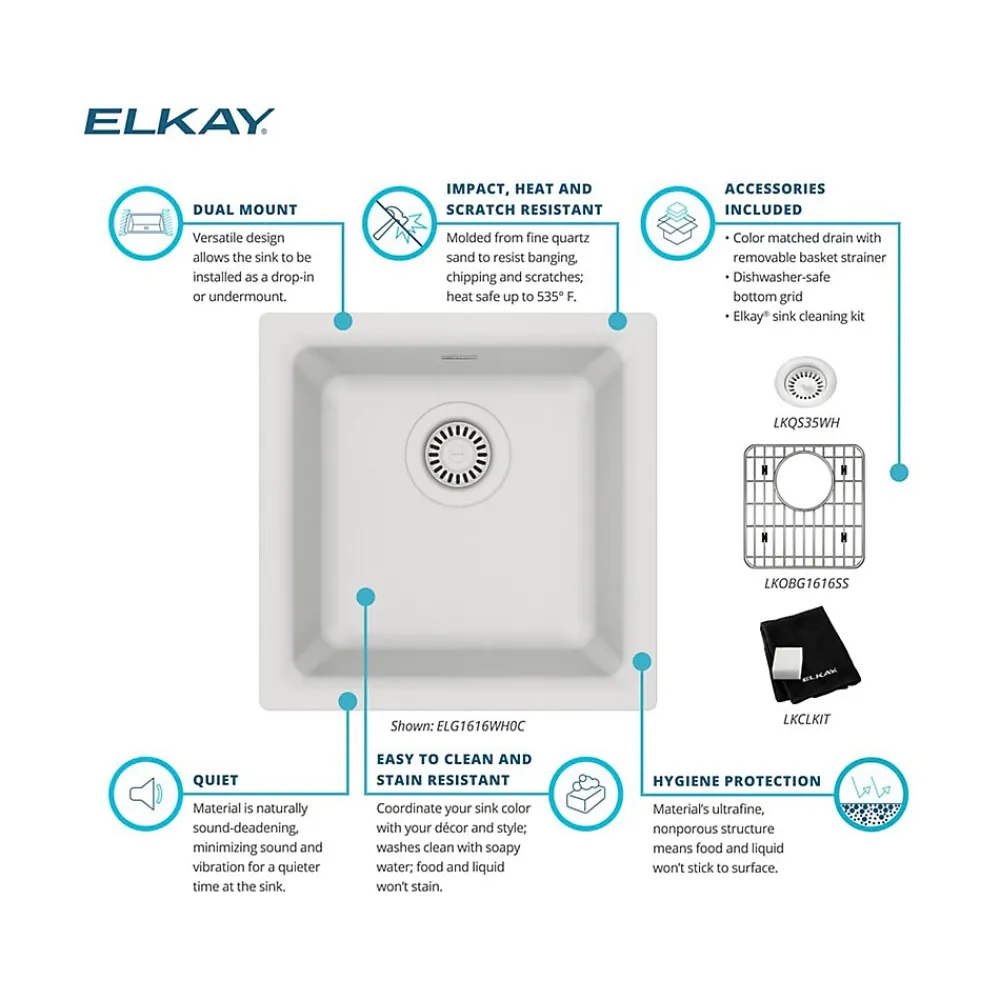 Elkay Quartz Classic Single-Bowl Drop-In/Undermount Kitchen Sink, 15.75" x 15.75" x 7.69", Quartz, White (ELG1616WH0C)