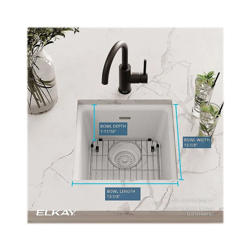 Elkay Quartz Classic Single-Bowl Drop-In/Undermount Kitchen Sink, 15.75" x 15.75" x 7.69", Quartz, White (ELG1616WH0C)