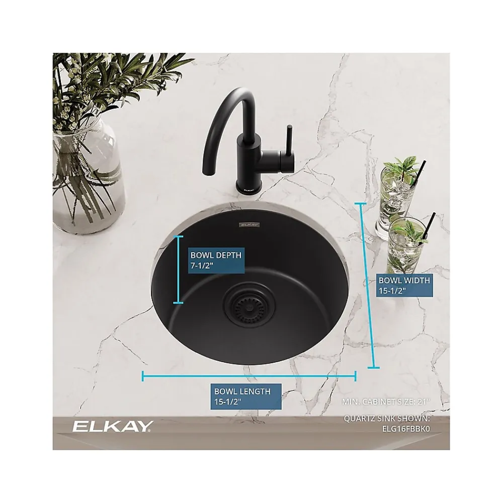 Elkay Quartz Classic Single-Bowl Drop In/Undermount Kitchen Sink, 18.13" x 18.13" x 7.5", Quartz, Black (ELG16FBBK0)