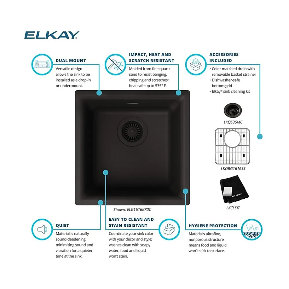 Elkay Quartz Classic Single-Bowl Drop In/Undermount Kitchen Sink, 15.75" x 15.75" x 7.69", Quartz, Black (ELG1616BK0C)