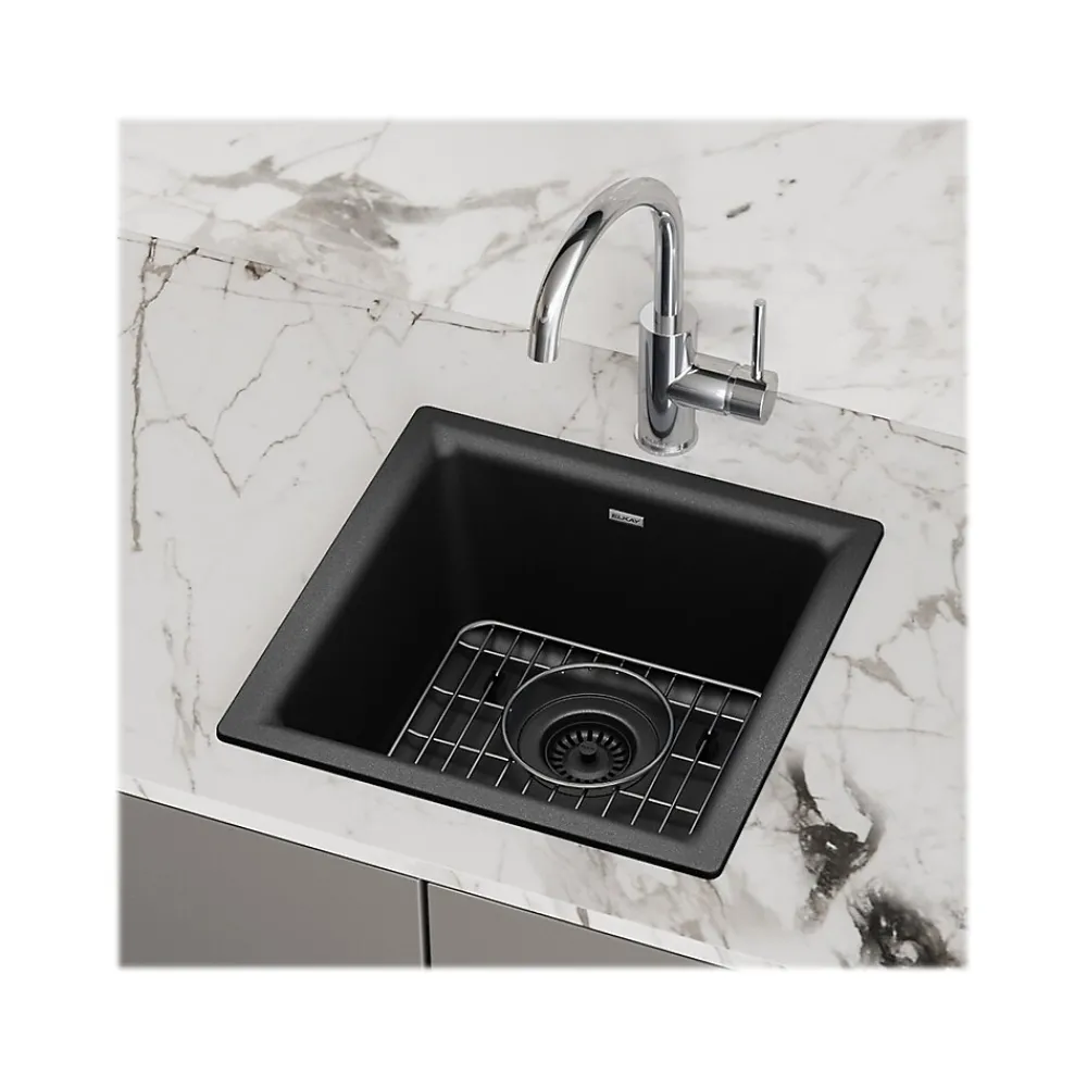 Elkay Quartz Classic Single-Bowl Drop In/Undermount Kitchen Sink, 15.75" x 15.75" x 7.69", Quartz, Black (ELG1616BK0C)