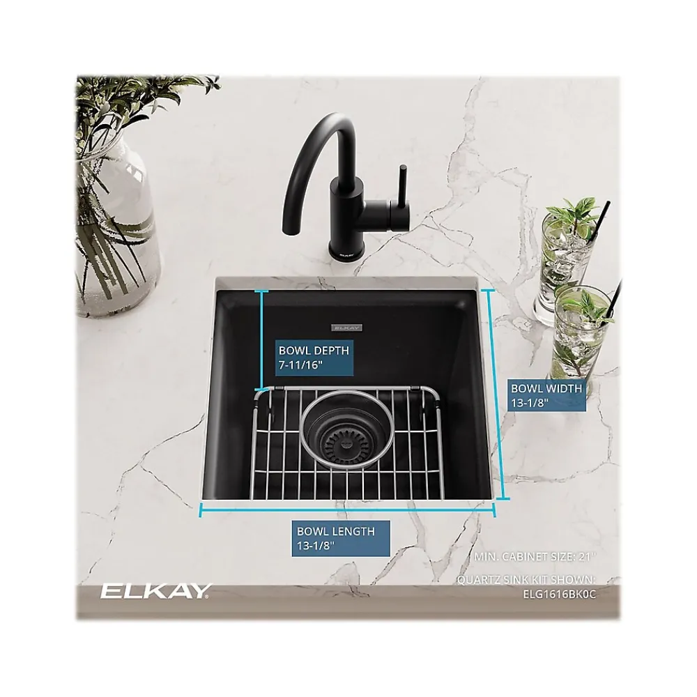 Elkay Quartz Classic Single-Bowl Drop In/Undermount Kitchen Sink, 15.75" x 15.75" x 7.69", Quartz, Black (ELG1616BK0C)
