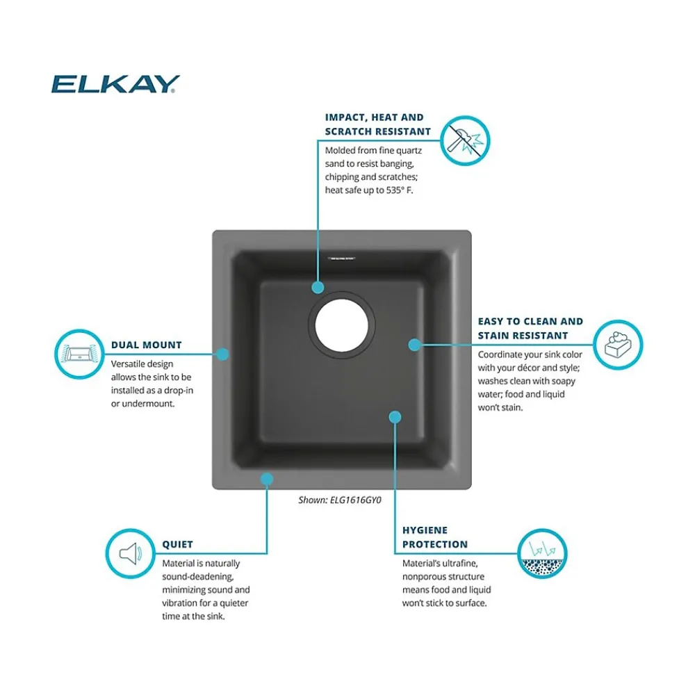 Elkay Quartz Classic Single-Bowl Drop In/Undermount Kitchen Sink, 15.75" x 15.75" x 7.69", Dusk Gray (ELG1616GY0)