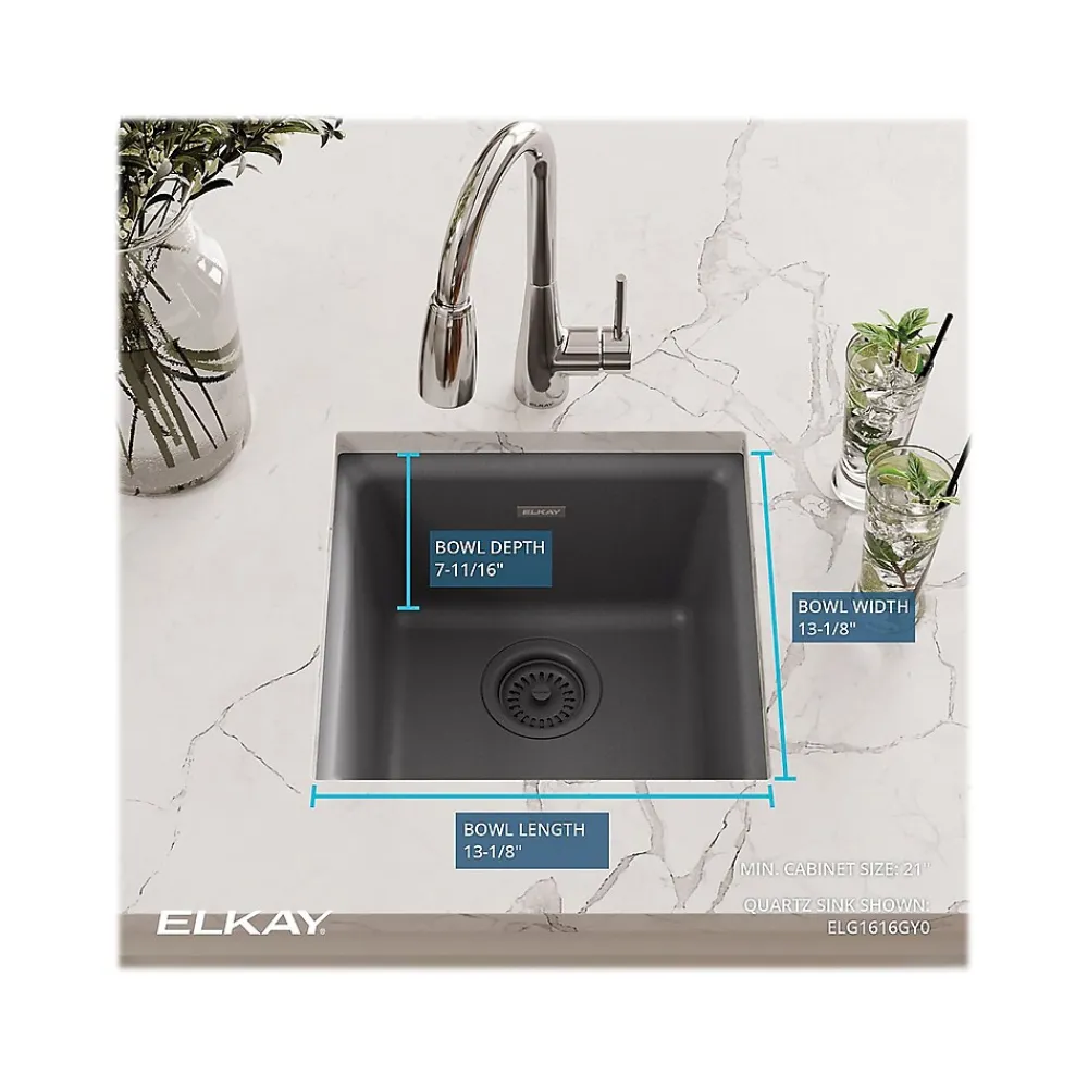 Elkay Quartz Classic Single-Bowl Drop In/Undermount Kitchen Sink, 15.75" x 15.75" x 7.69", Dusk Gray (ELG1616GY0)