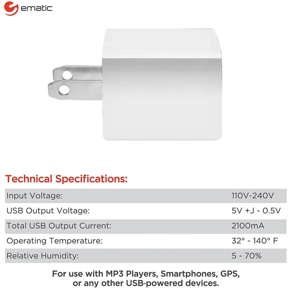 2-Port USB-A Wall Charger, 2.1-Amp, White, (ECW06WH)<Ematic Online