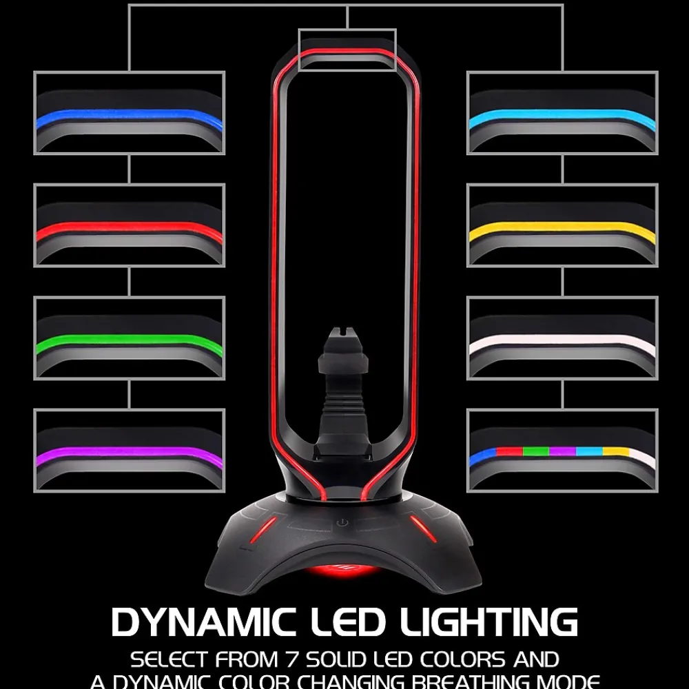 Best Enhance ENPCGXH100BKWS 3-in-1 Headset Stand with RGB Colors, USB Powered, Black