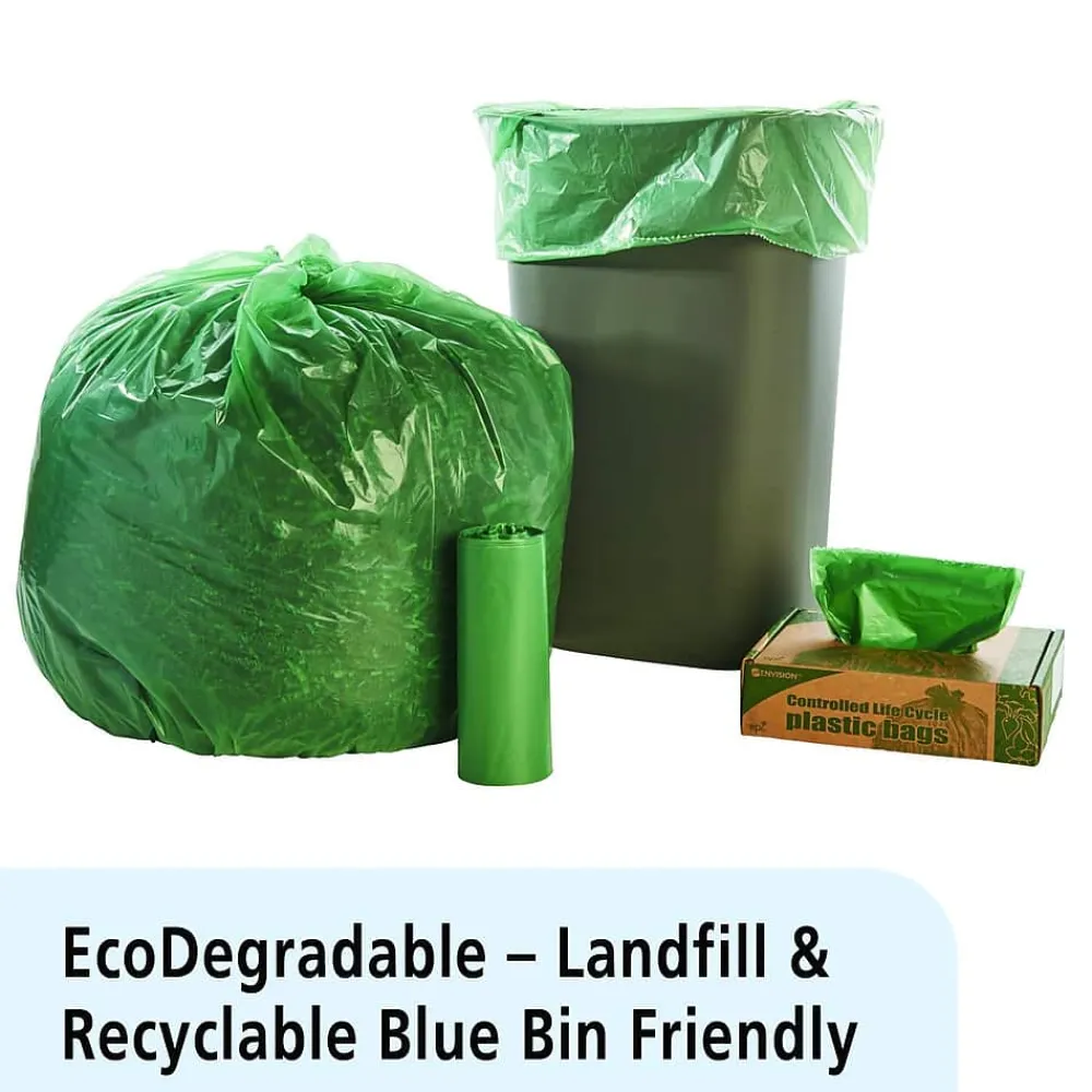 Controlled Life Cycle 33 Gallon Industrial Trash Bag, 33" x 40", Low Density, Green, 40 Bags/Box, 2 Rolls<Envision Best