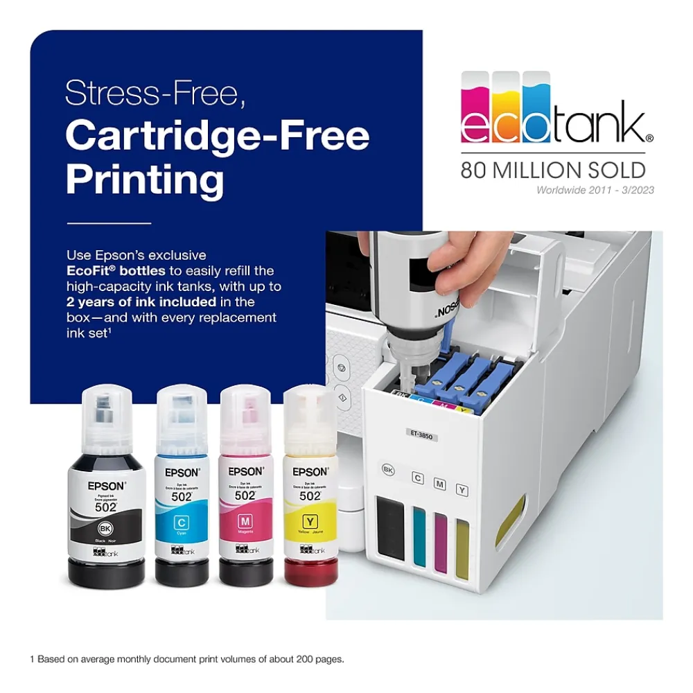 Epson EcoTank ET-3850 Wireless Color All-in-One Cartridge-Free Supertank Printer, White (Refurbished)