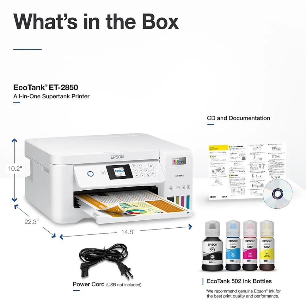 Epson EcoTank ET-2850-W Wireless Color Inkjet Printer, All-In-One Supertank, Print, Scan, Copy (9472541)