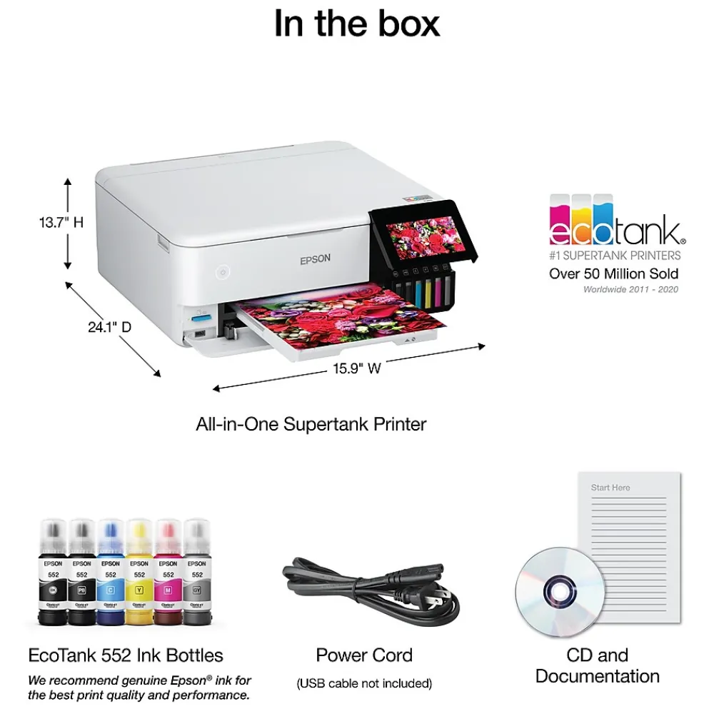 Epson EcoTank Photo ET-8500 Wireless Color Inkjet Printer, All-In-One Supertank, Print, Scan, Copy (9472523)