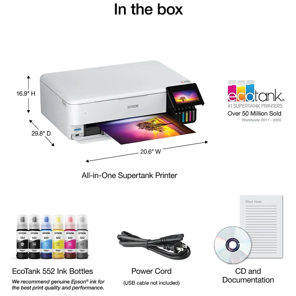Epson EcoTank Photo ET-8550 Wireless Color Inkjet Printer, All-In-One Supertank, Print, Scan, Copy (9472524)