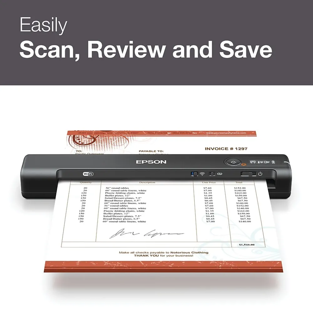 Epson ES-60W Wireless Compact Lightweight Sheetfed Mobile Color Document Scanner