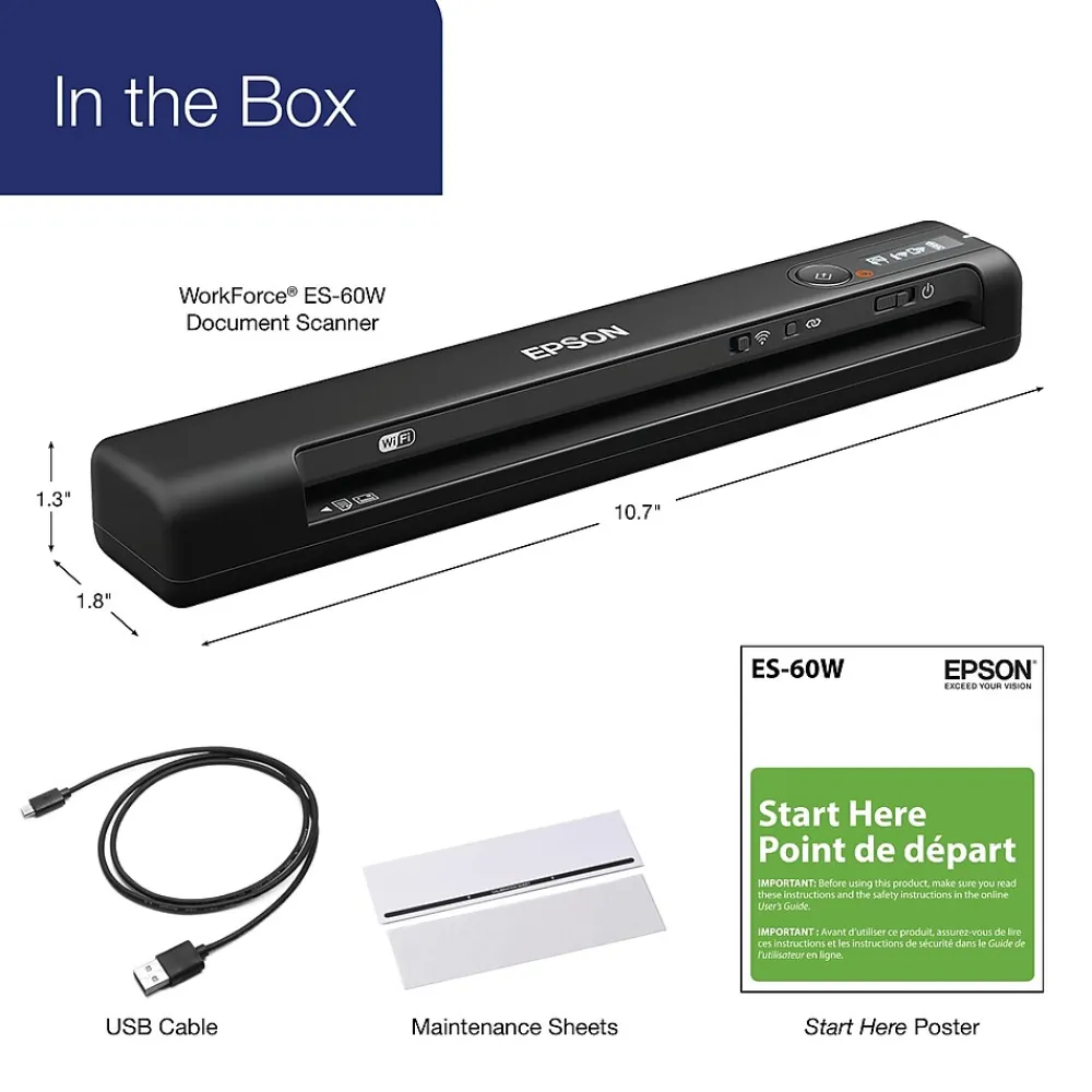 Epson ES-60W Wireless Compact Lightweight Sheetfed Mobile Color Document Scanner