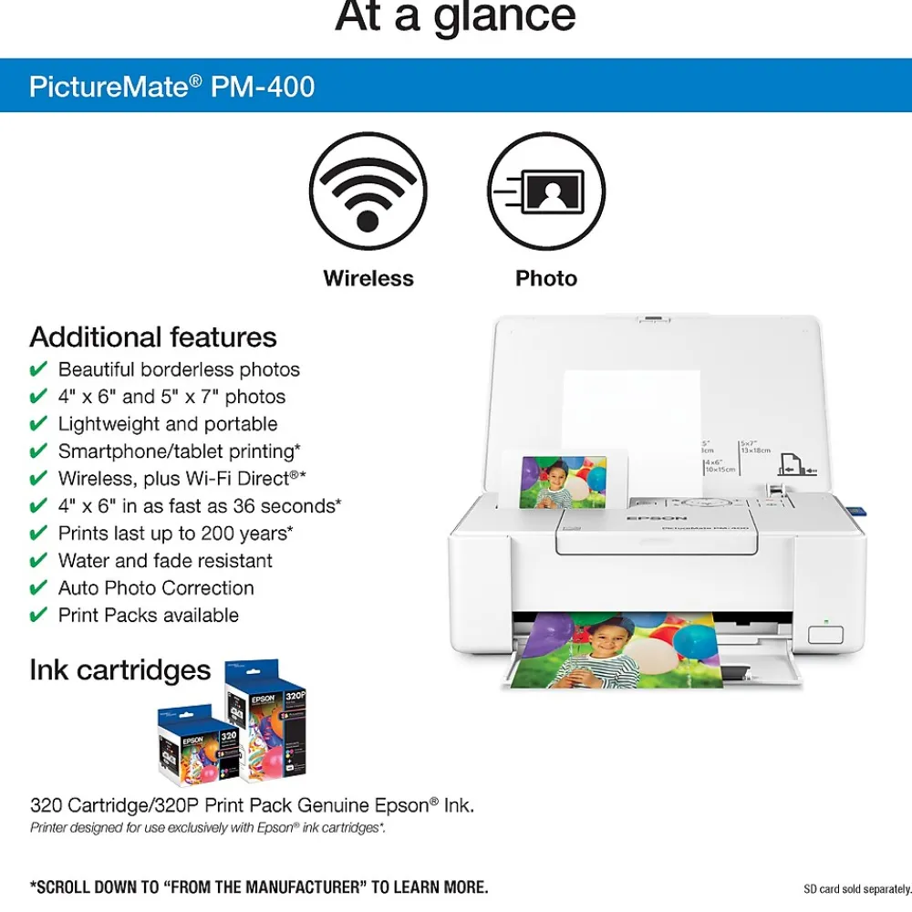 Epson PictureMate PM-400 Wireless Color Inkjet Printer (C11CE84201)