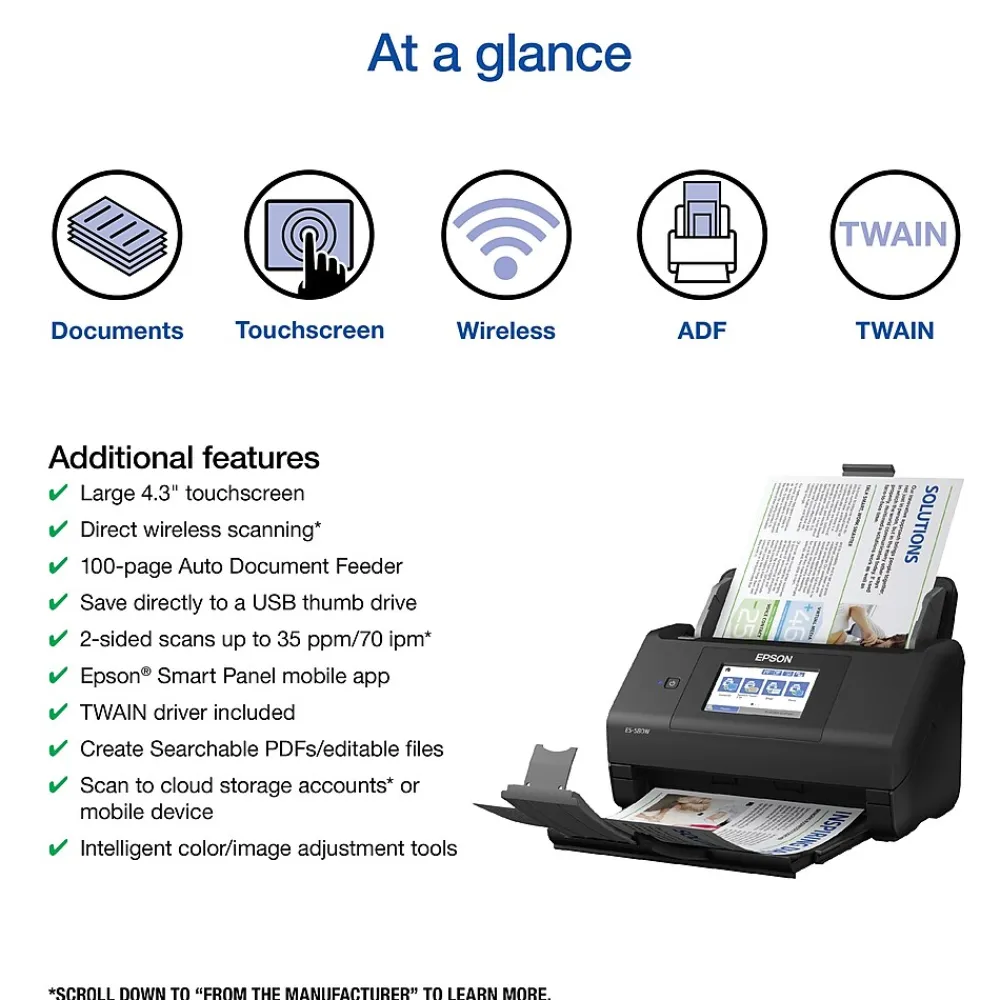 Epson WorkForce ES-580W Wireless Duplex Document Scanner, Black (B11B258201)